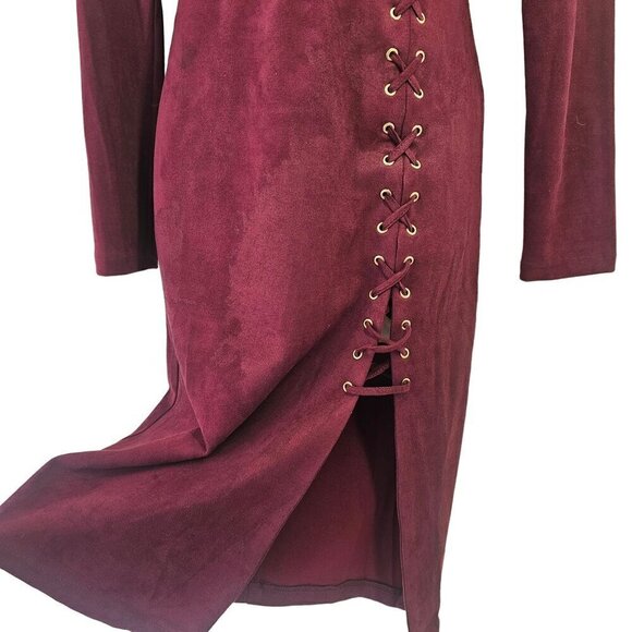 WOW Culture Open Back Bodycon Dress Sz S Faux Suede LaceUp Thigh Slit Wine - Picture 5 of 9
